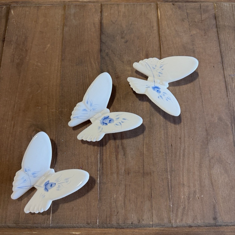 Vintage Lasting Products Ceramic Butterfly Wall Decor Set of 3 Blue Rose USA